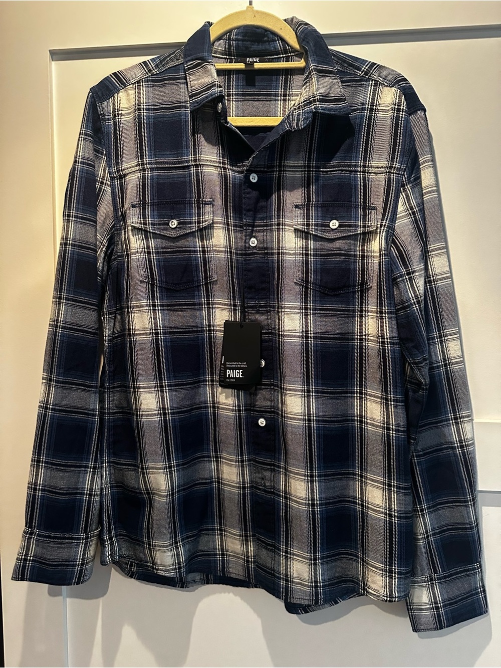 PAIGE Men's Plaid Button-Up Shirt in Navy and White - NWT